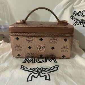 MCM Metallic Rose Gold Logo Vanity Case with Top Handle